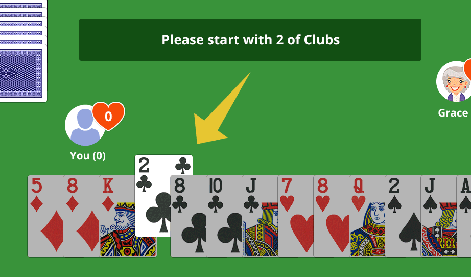 An early game situation in Hearts where the player with the two of clubs leads the game.