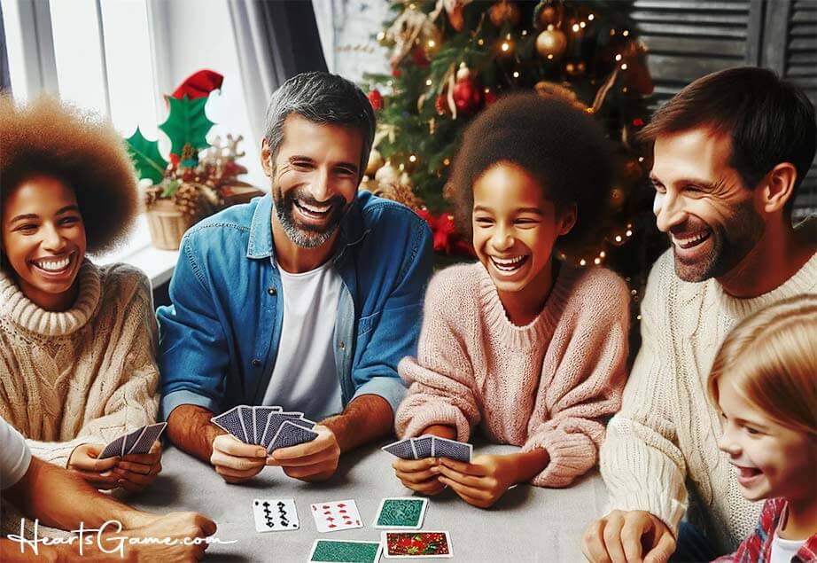A happy group of friends celebrates National Card Playing Day on December 28th, enjoying a card game together amid Christmas decorations