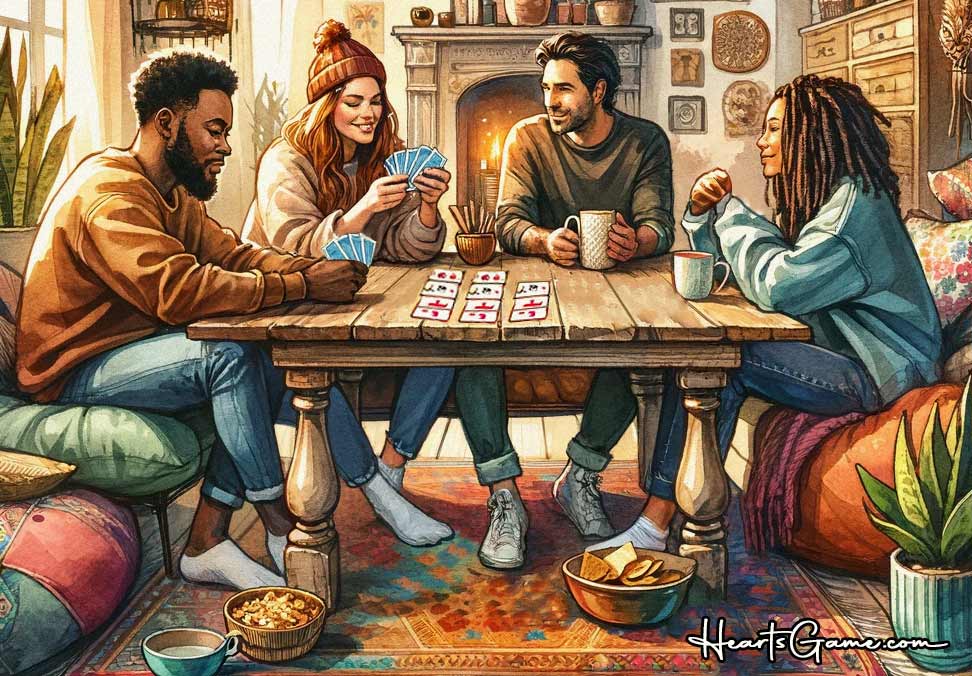 Friends enjoying a cozy game night playing cards, with snacks and warm drinks, in a homey living room setting