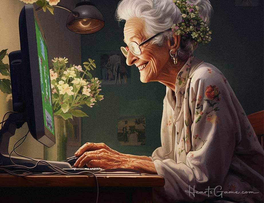 An elderly woman is joyfully playing a game of Hearts on a computer at home