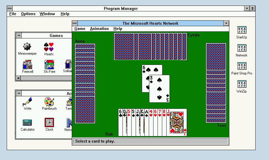 The original version of Microsoft Hearts from 1992, running onWindows 3.1.